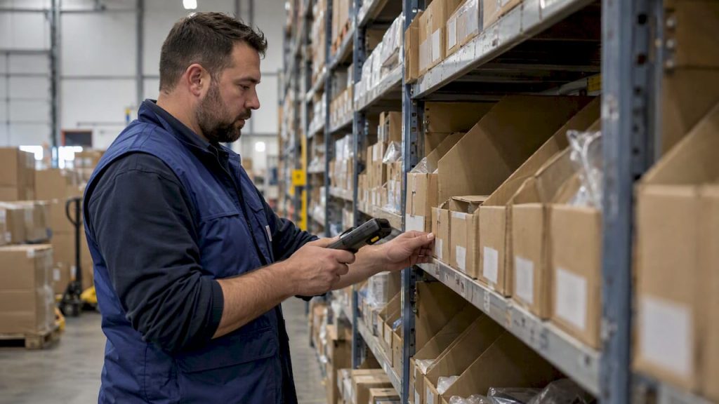 Planner checking SKU stock in warehouse