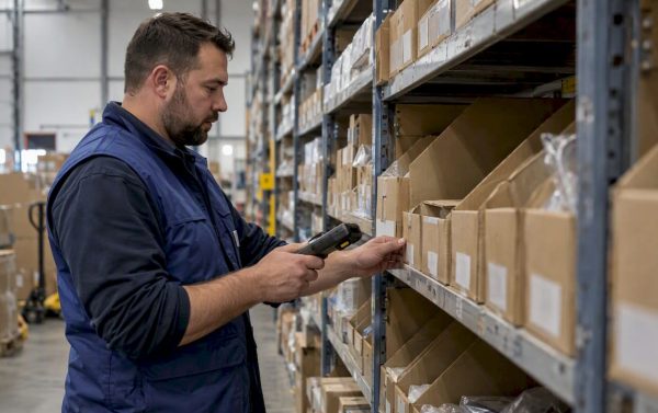 Planner checking SKU stock in warehouse