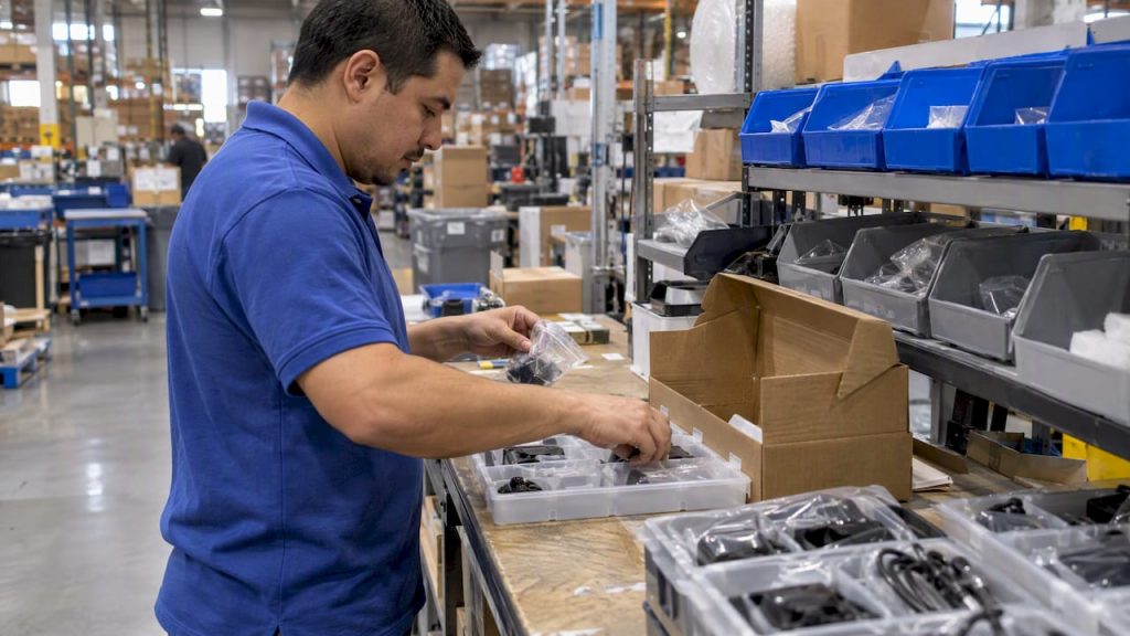 Associate assembling a product kit at workcell