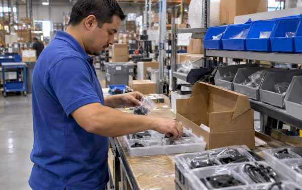Associate assembling a product kit at workcell