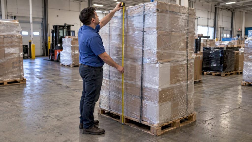 Operator measuring a palletized freight shipment