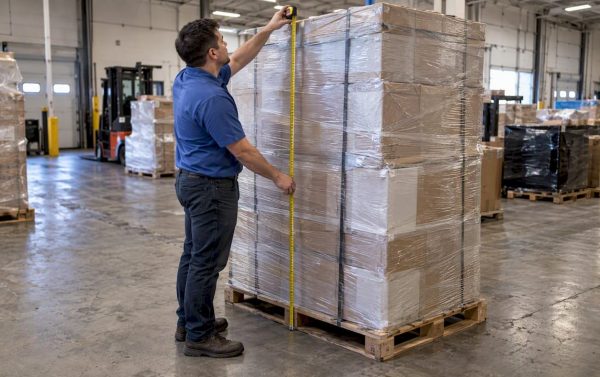 Operator measuring a palletized freight shipment