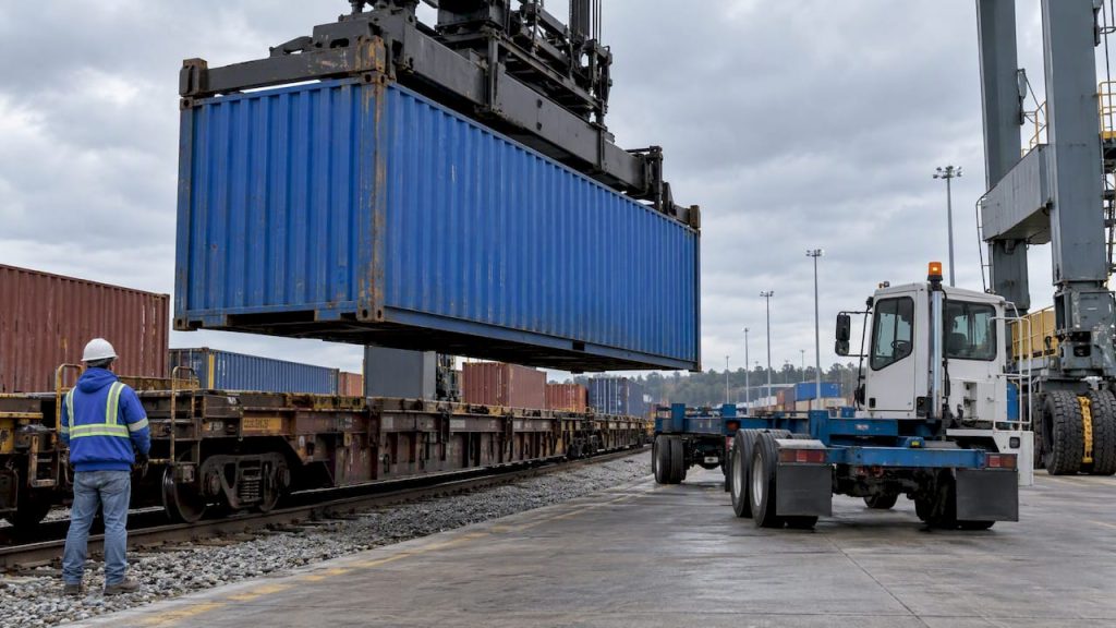 Blue container at a rail-to-truck transfer