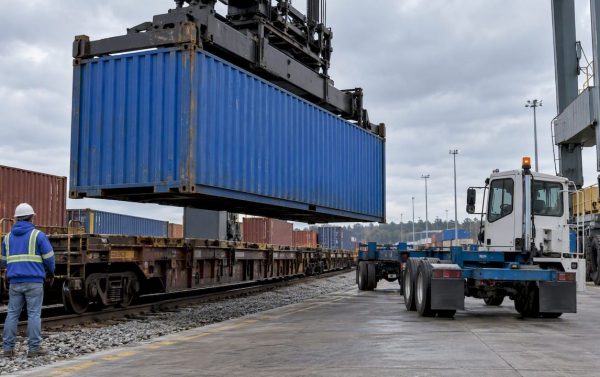 Blue container at a rail-to-truck transfer
