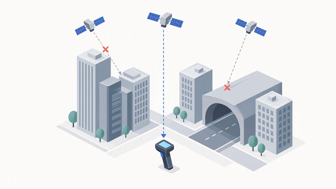 Buildings and tunnel obstruct GPS signals