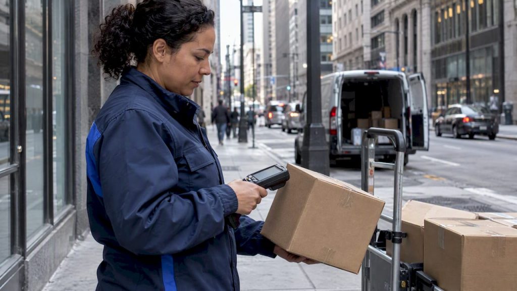 Courier records a parcel delivery scan