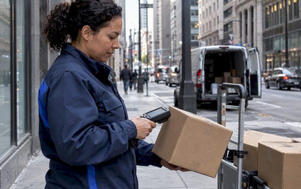 Courier records a parcel delivery scan