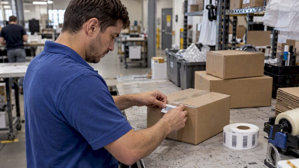 Worker labels an ecommerce item at a prep bench