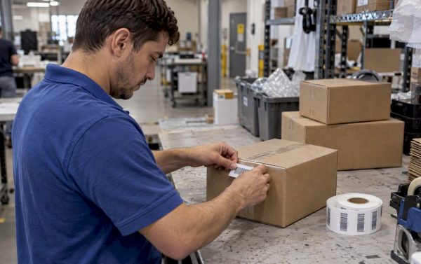 Worker labels an ecommerce item at a prep bench