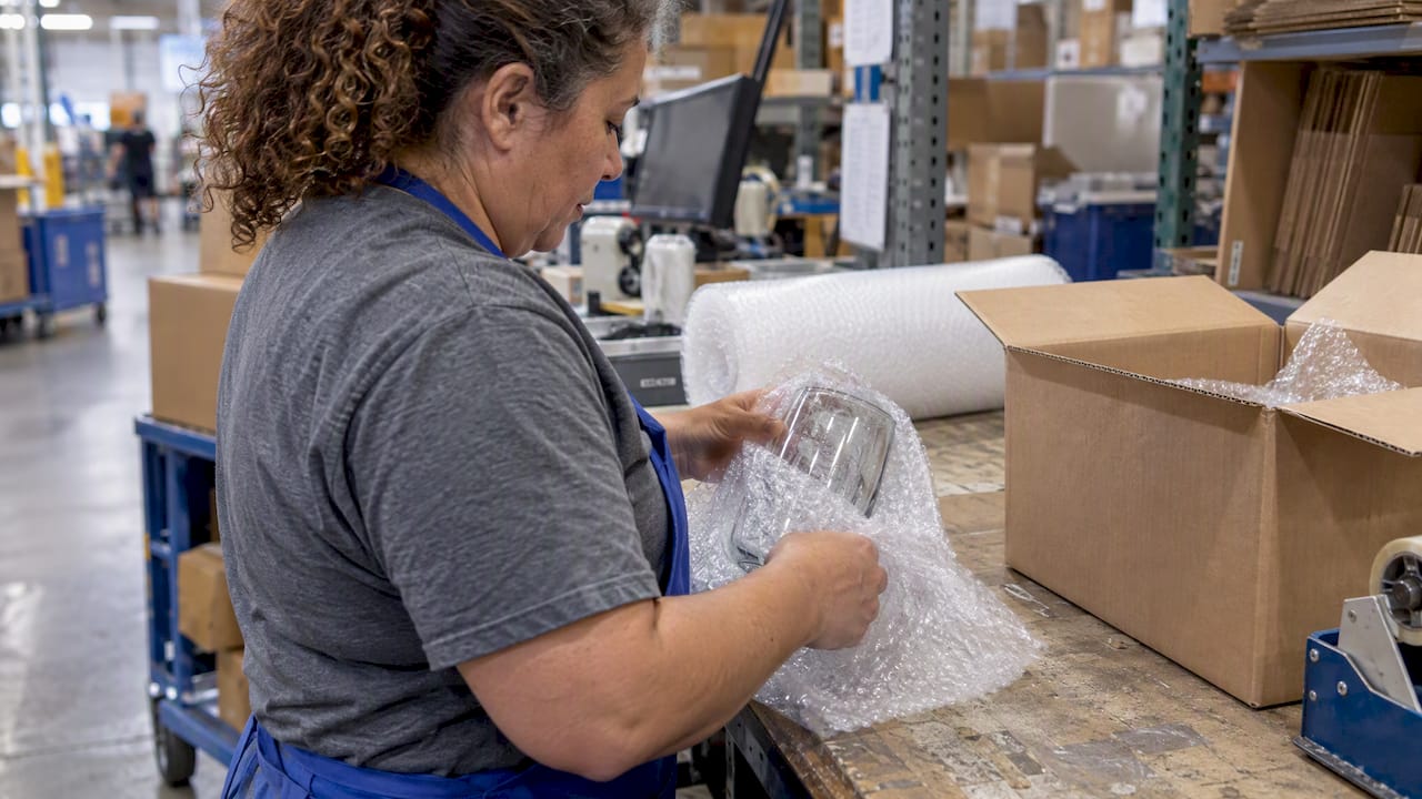 Associate bubble wraps a glass item for shipment