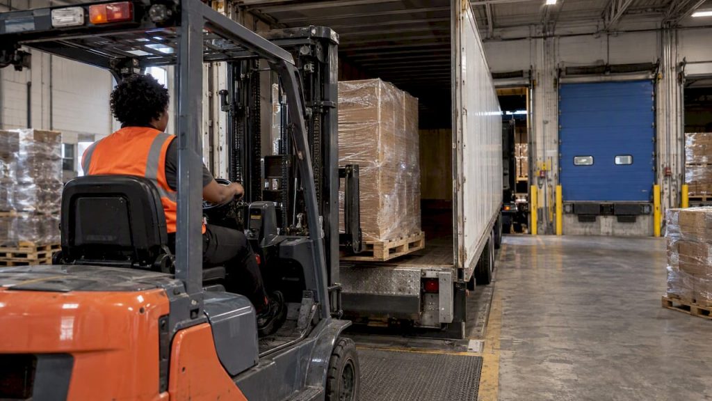 Forklift unloading freight at a receiving dock