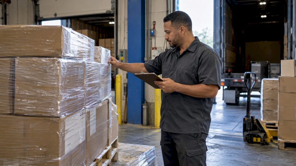 Warehouse associate checking an inbound pallet